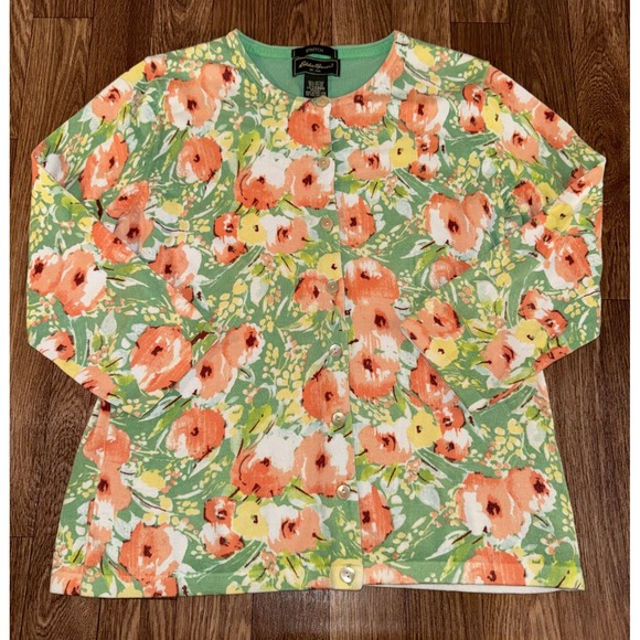 Eddie Bauer Sweaters - Eddie Bauer Womens Green Peach Floral Button Front Cardigan 3/4 Sleeve Stretch M